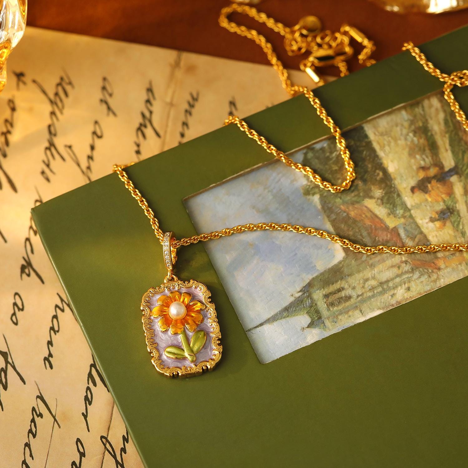 Monet Garden Sunflower Pendant Necklace – Vintage Oil Painting Frame with Freshwater Pearl