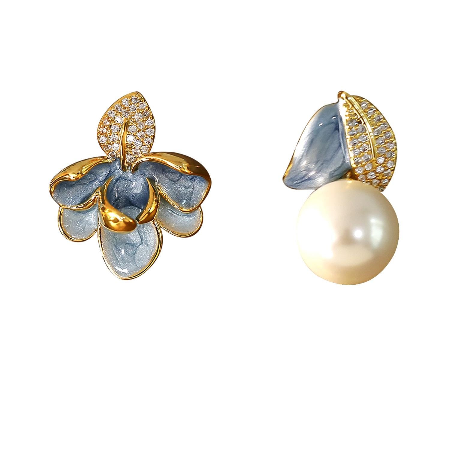 Enamel Leaf Clip-On Earrings – Asymmetrical Pearl & CZ Dangle Earrings, Chinese Vintage Palace Style Jewelry