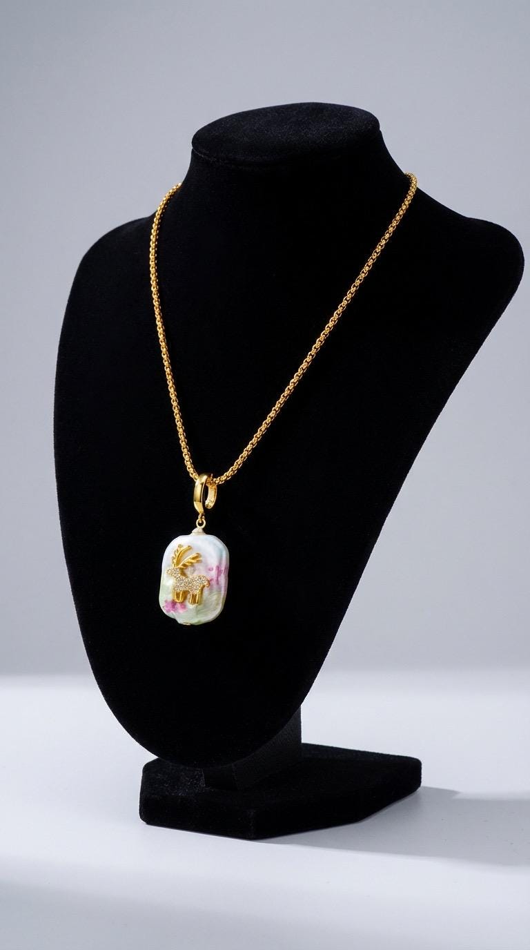 Natural Pearl Deer Pendant Necklace – Delicate Collarbone Chain