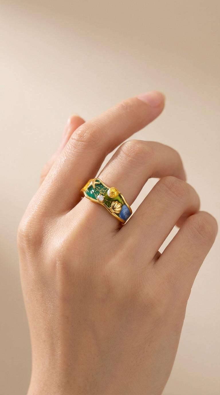 Blue Ocean Starfish & Seashell Pearl Ring – Summer Dopamine Color Enamel Statement Ring for Women