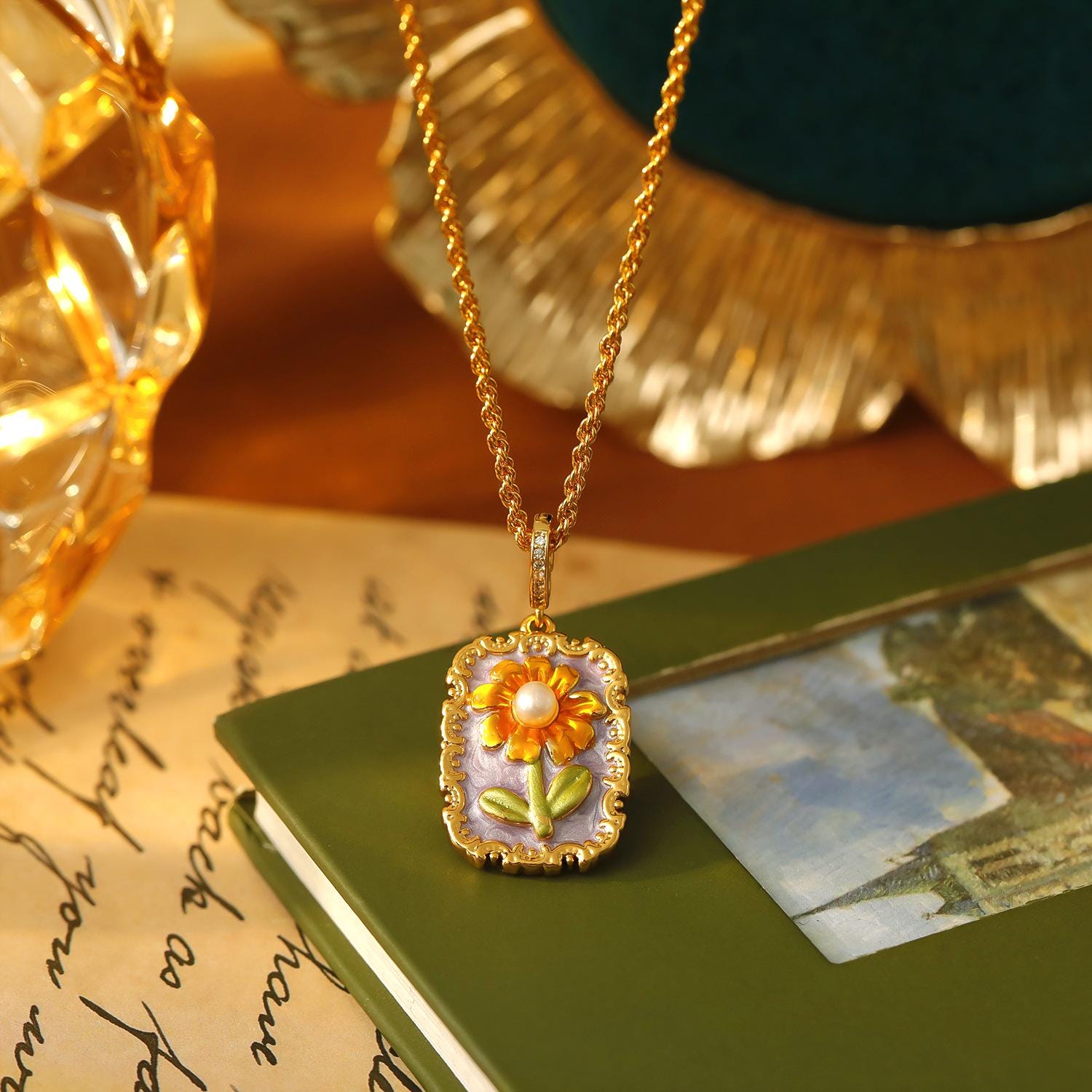 Monet Garden Sunflower Pendant Necklace – Vintage Oil Painting Frame with Freshwater Pearl