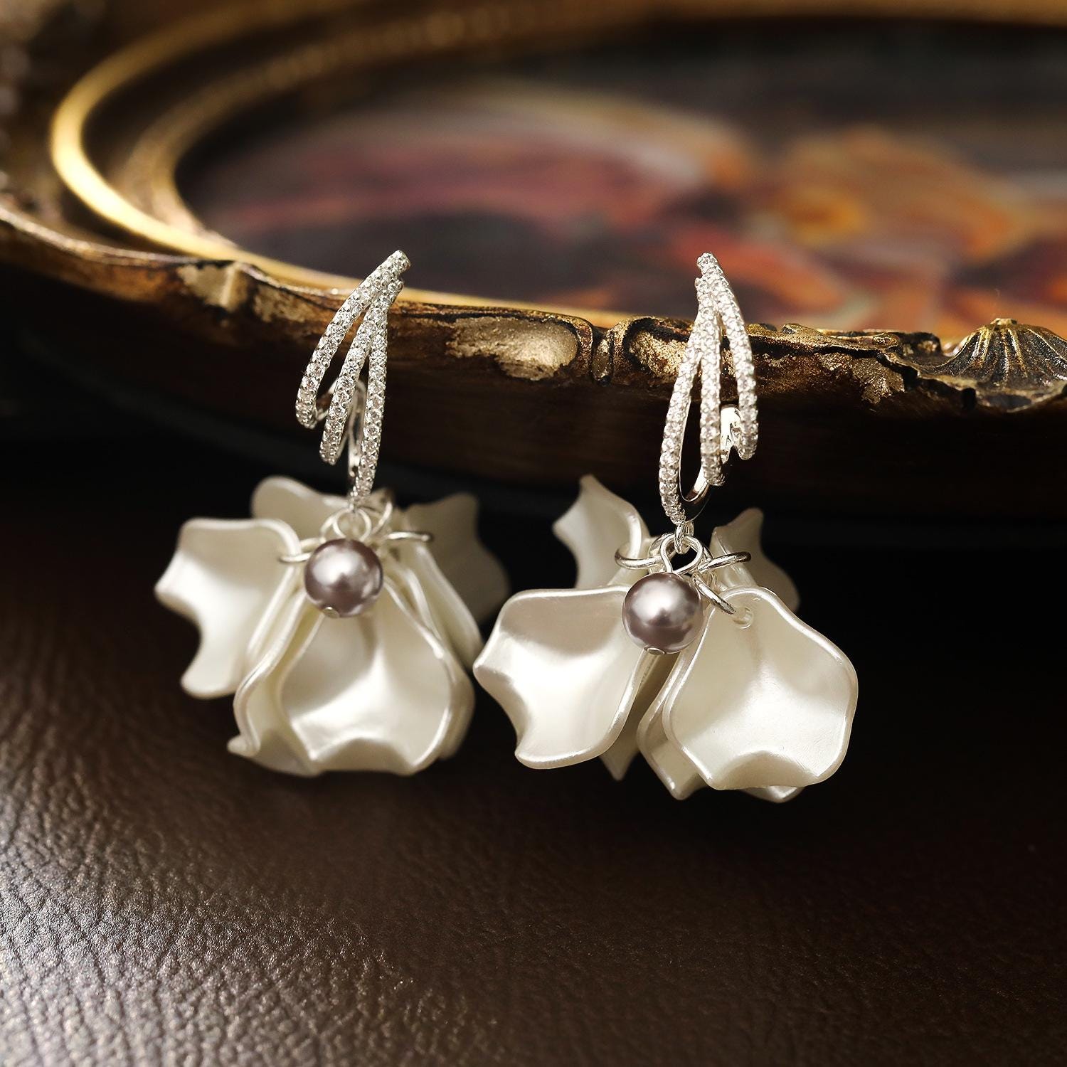 White Petal Drop Earrings – Elegant Floral Dangle Earrings, Minimalist Statement Jewelry for Women