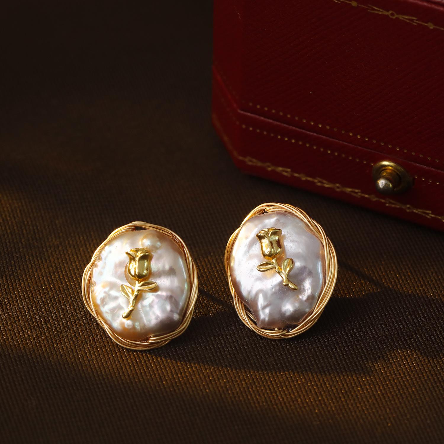 Baroque Pearl Rose Earrings | 18K Gold Plated Studs