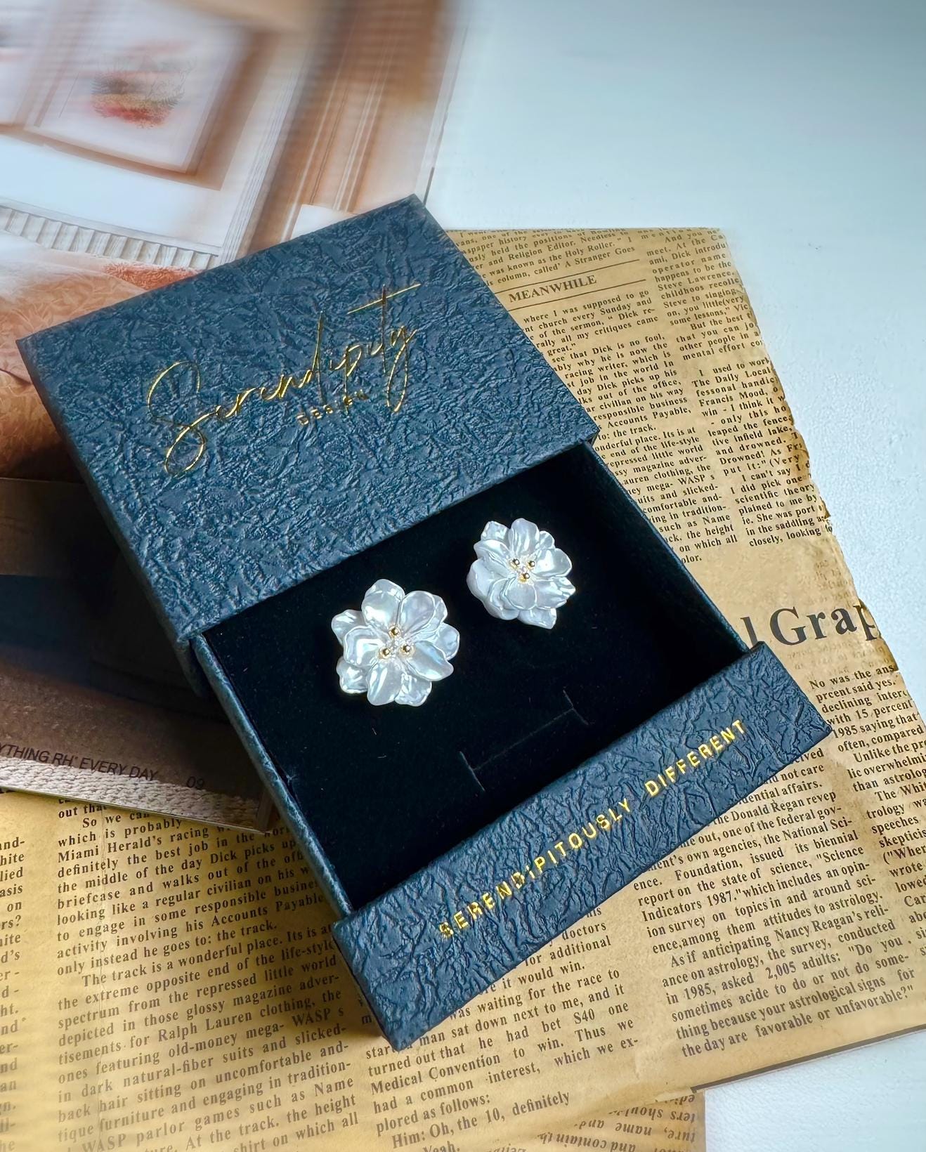 White Flower Pearl Rose Earrings | 18K Gold Plated Studs