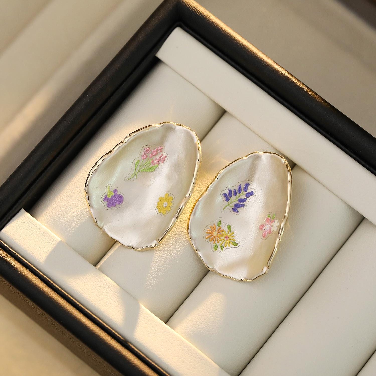 Vintage Enamel Flower Statement Earrings – Bold Floral Stud Earrings, Vacation Style Gold Metal Jewelry