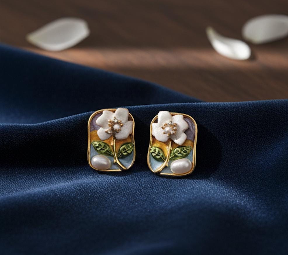 Vintage Enamel Floral Earrings: Pearl Flower Studs