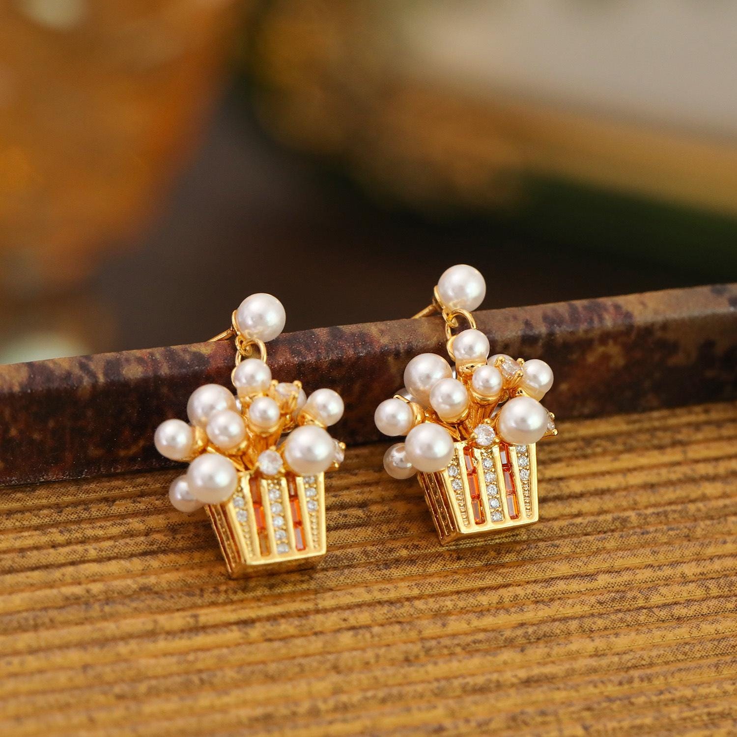 Sparkling Pearl Stud Earrings – Vintage Popcorn Style CZ Earrings, Elegant Statement Jewelry for Women