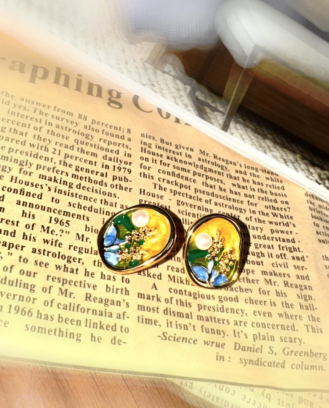 Gold Enamel Floral Natural Pearl Earrings • 18K gold-plated copper• Gifts for Her