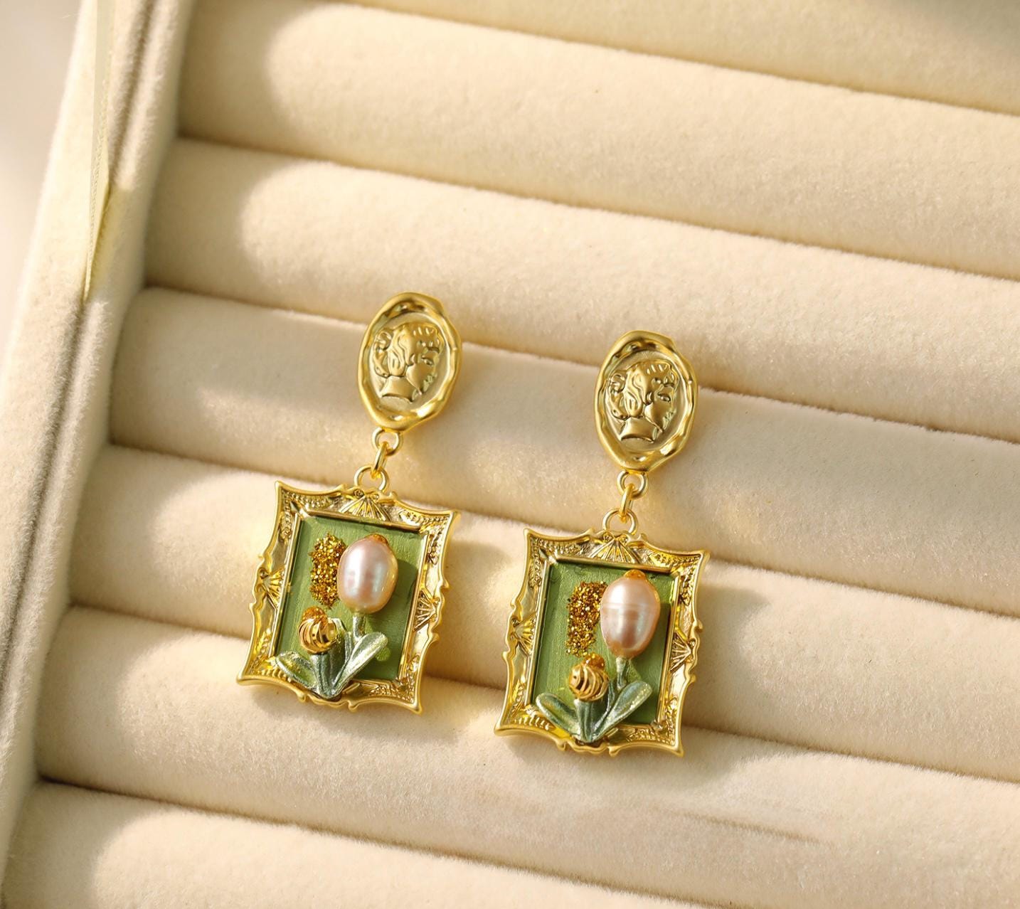 Gold Oil Painting Frame Flower Natural Pearl Earrings • 18K gold-plated copper• Gifts for Her
