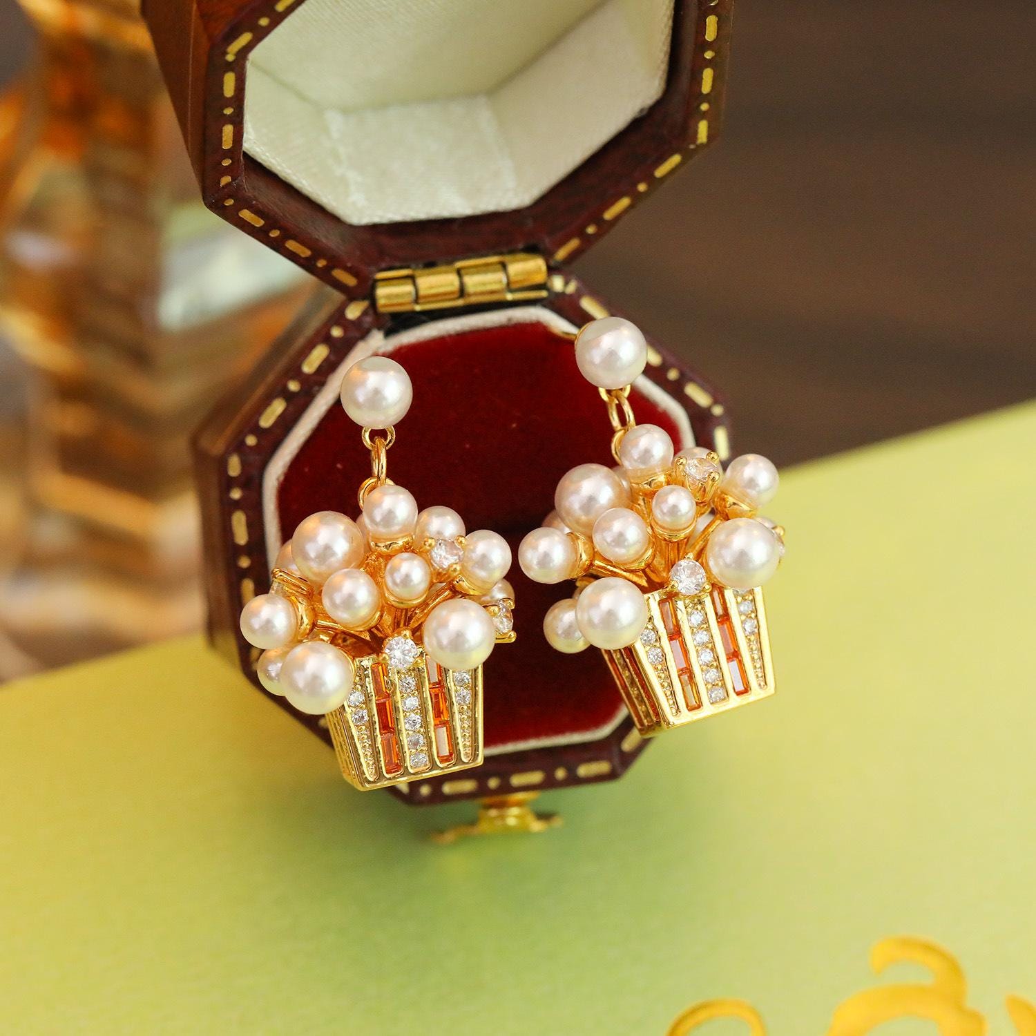 Sparkling Pearl Stud Earrings – Vintage Popcorn Style CZ Earrings, Elegant Statement Jewelry for Women