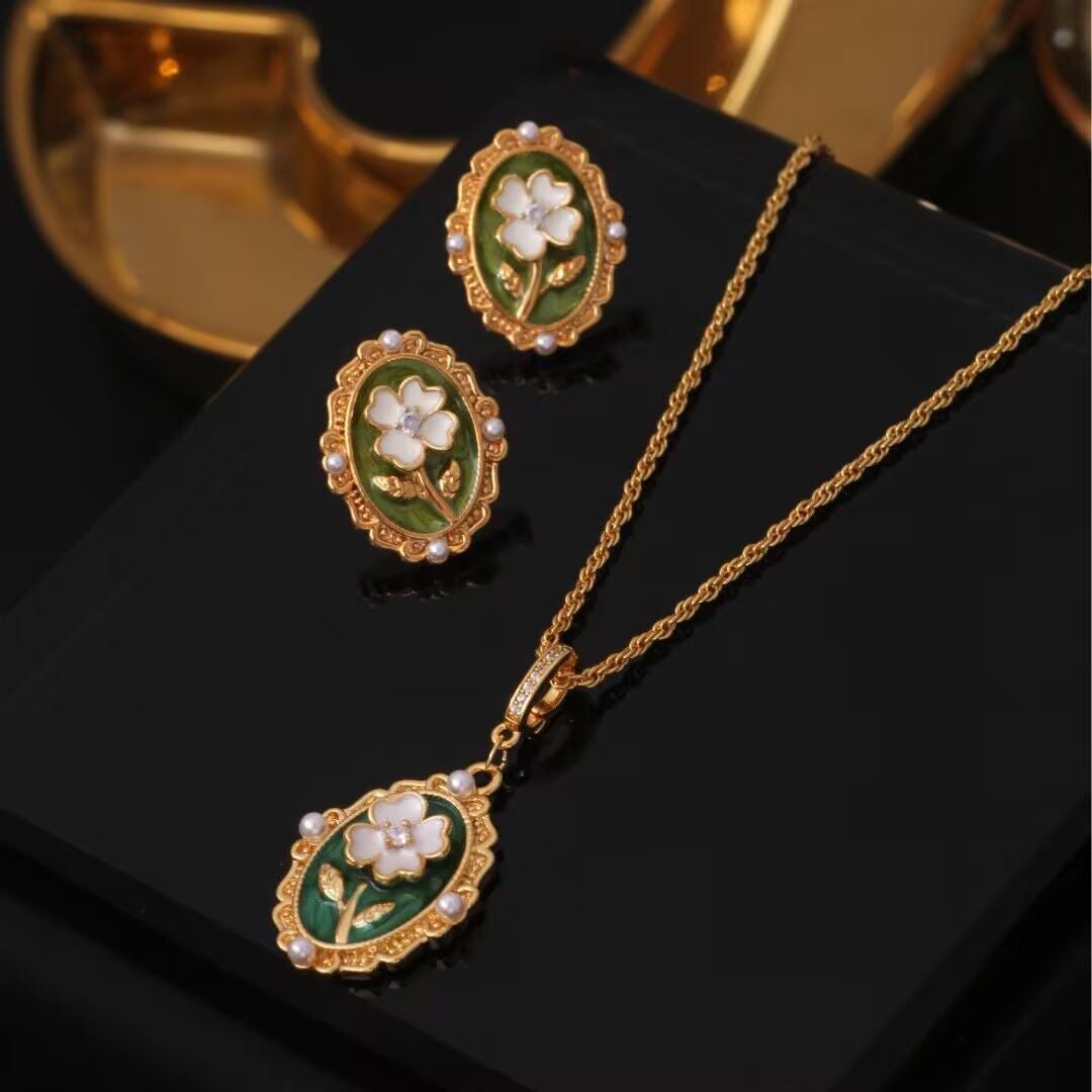 French Enamel Flower Pendant Necklace – Vintage Floral Sweater Chain Statement Jewelry