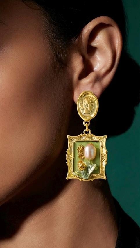 Gold Oil Painting Frame Flower Natural Pearl Earrings • 18K gold-plated copper• Gifts for Her