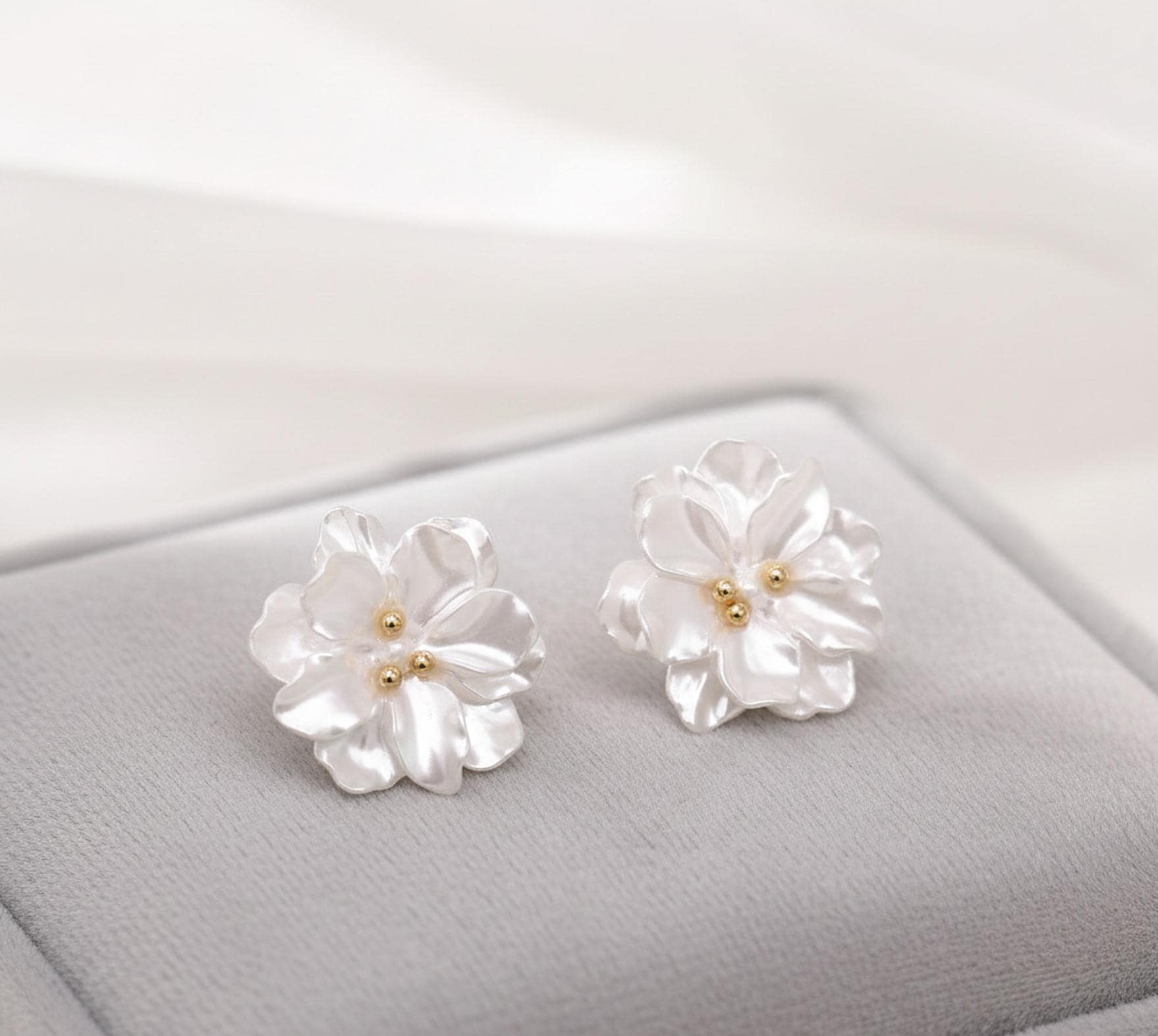 White Flower Pearl Rose Earrings | 18K Gold Plated Studs
