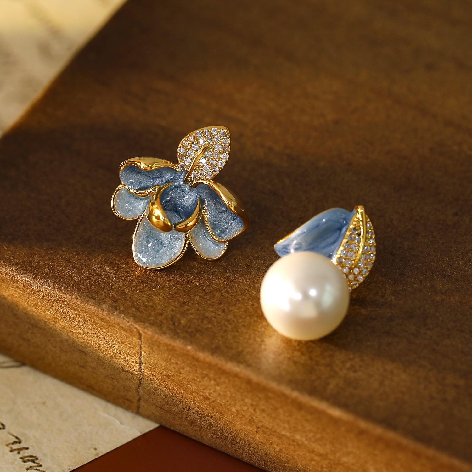 Enamel Leaf Clip-On Earrings – Asymmetrical Pearl & CZ Dangle Earrings, Chinese Vintage Palace Style Jewelry