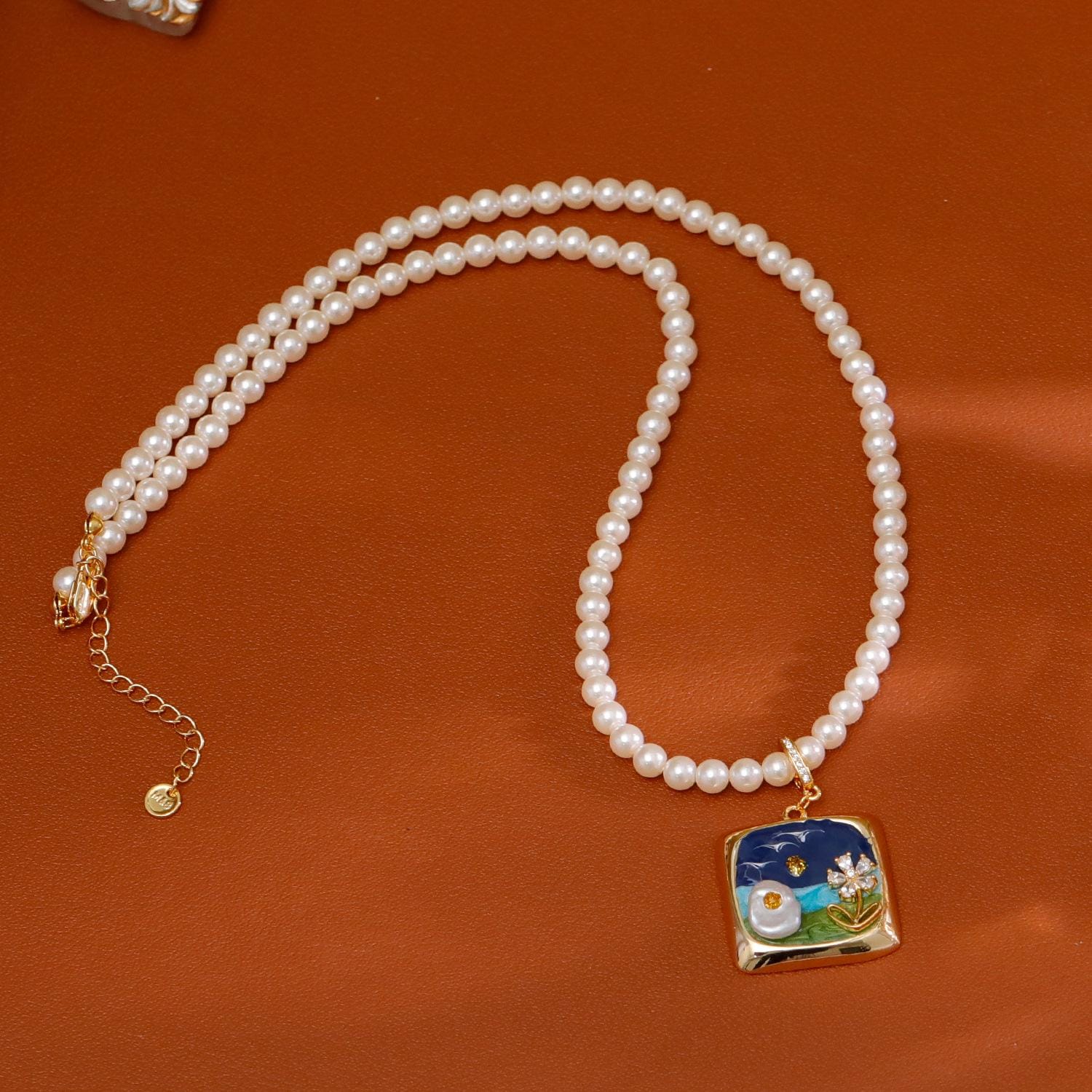 Monet Garden Baroque Pearl Flower Necklace – Vintage Oil Painting Style Floral Pendant