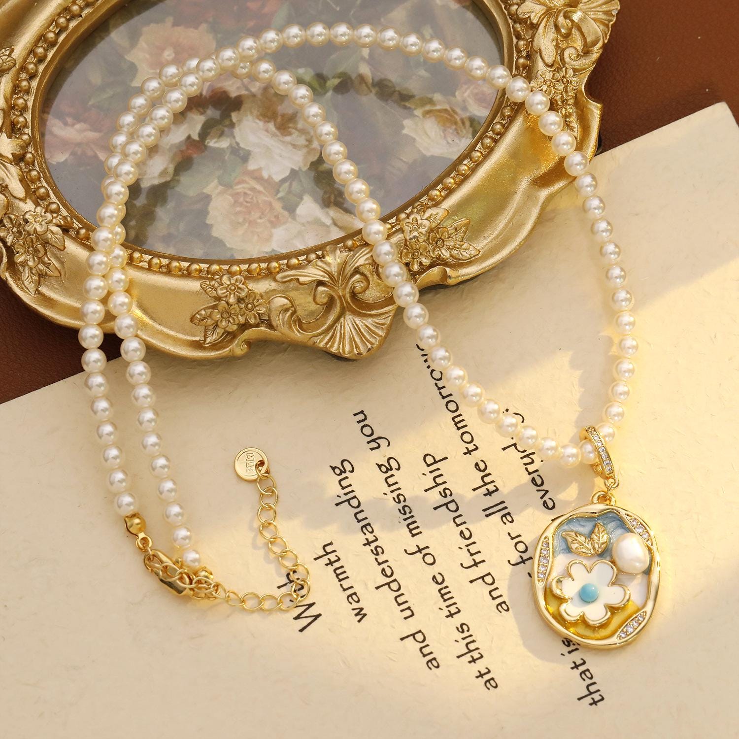 Monet Impressionist Pearl Necklace – Vintage Baroque Freshwater Pearl Flower Pendant, Autumn Sweater Chain