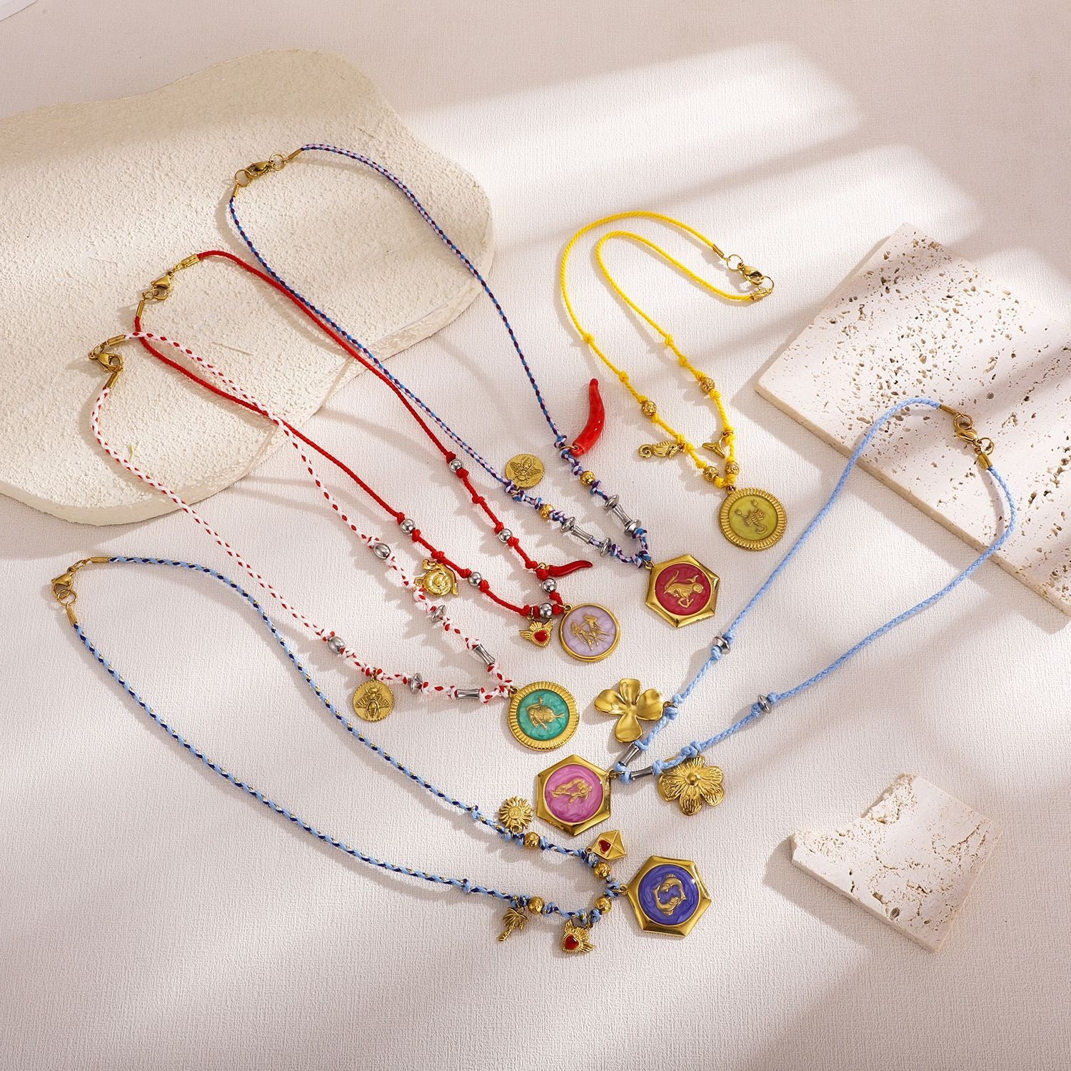 Celestial Zodiac Charm Necklace Collection 12 Zodiac Sign Pendant Necklace | Boho Astrology Cord Jewelry | Colorful Horoscope Charm Necklace for Women