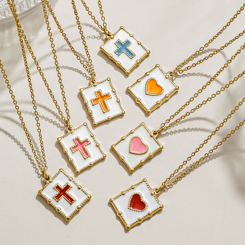 Colorful Cross & Heart Pendant Necklace Collection Cute Faith Jewelry | Gold Enamel Heart Necklace | Minimalist Cross Charm Gift