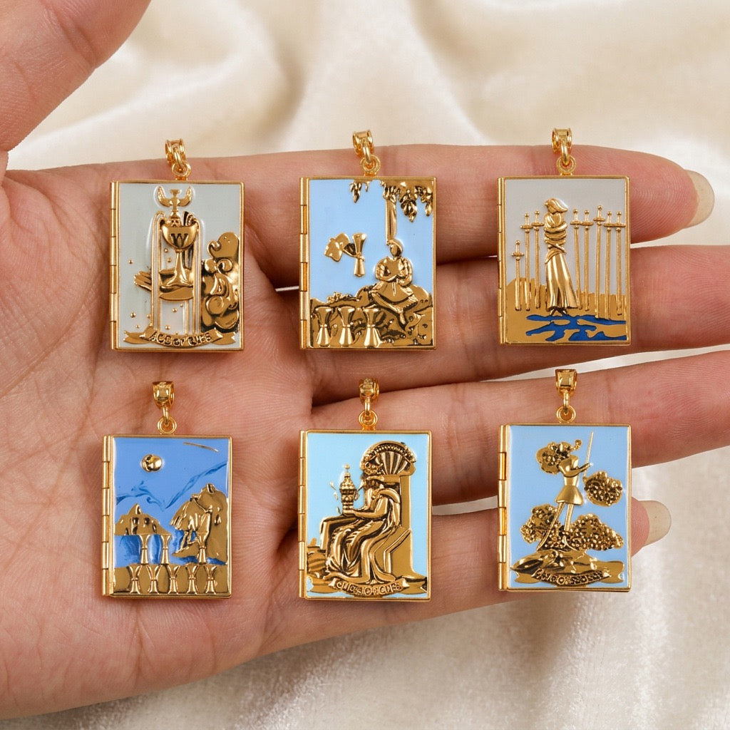 Vintage Tarot Card Locket Necklace – Gold Enamel Fortune Charm Pendant