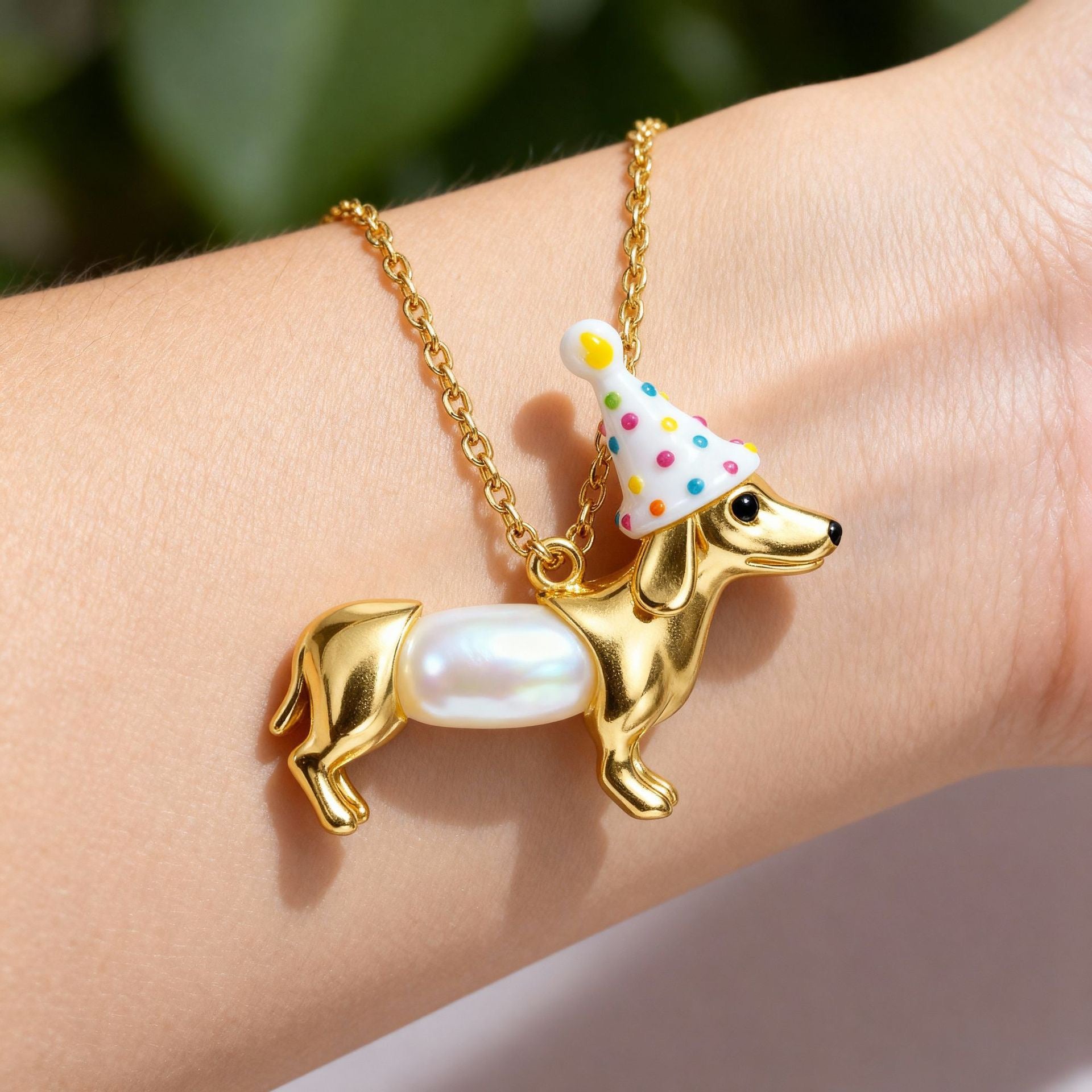Party Pup Pearl Necklace Cute Dachshund Dog Pendant Necklace | Gold Puppy Jewelry | Whimsical Pearl Animal Necklace Gift