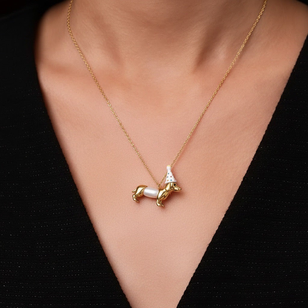 Party Pup Pearl Necklace Cute Dachshund Dog Pendant Necklace | Gold Puppy Jewelry | Whimsical Pearl Animal Necklace Gift