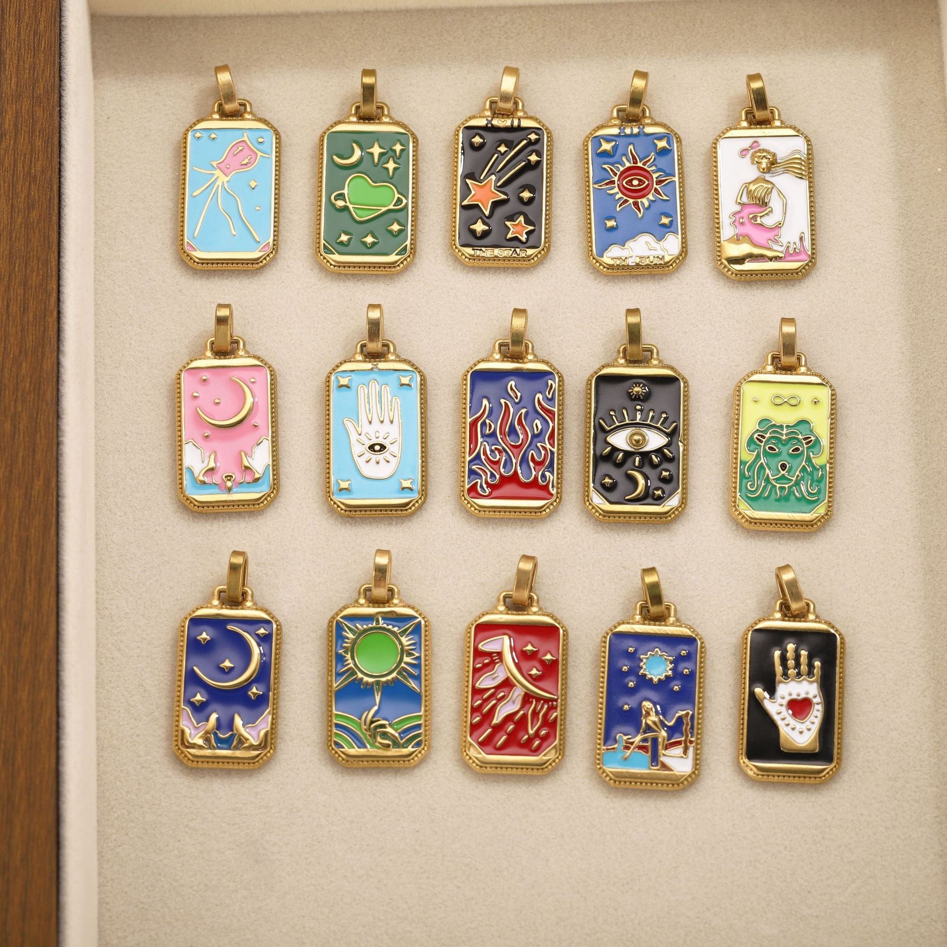 Mystical Enamel Tarot Necklace – Celestial Symbol Charm Collection