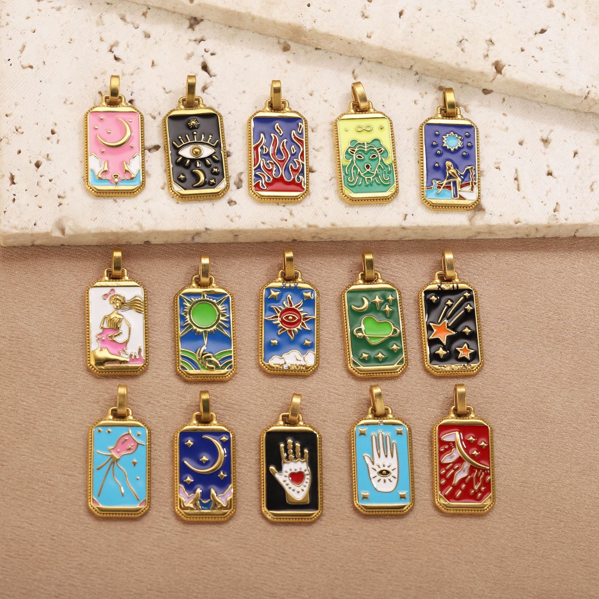 Mystical Enamel Tarot Necklace – Celestial Symbol Charm Collection
