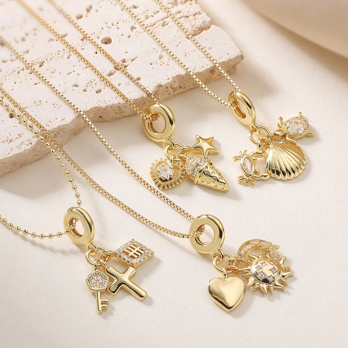 layful Gold Charm Necklace – Ice Cream, Plane & Heart Pendant Collection