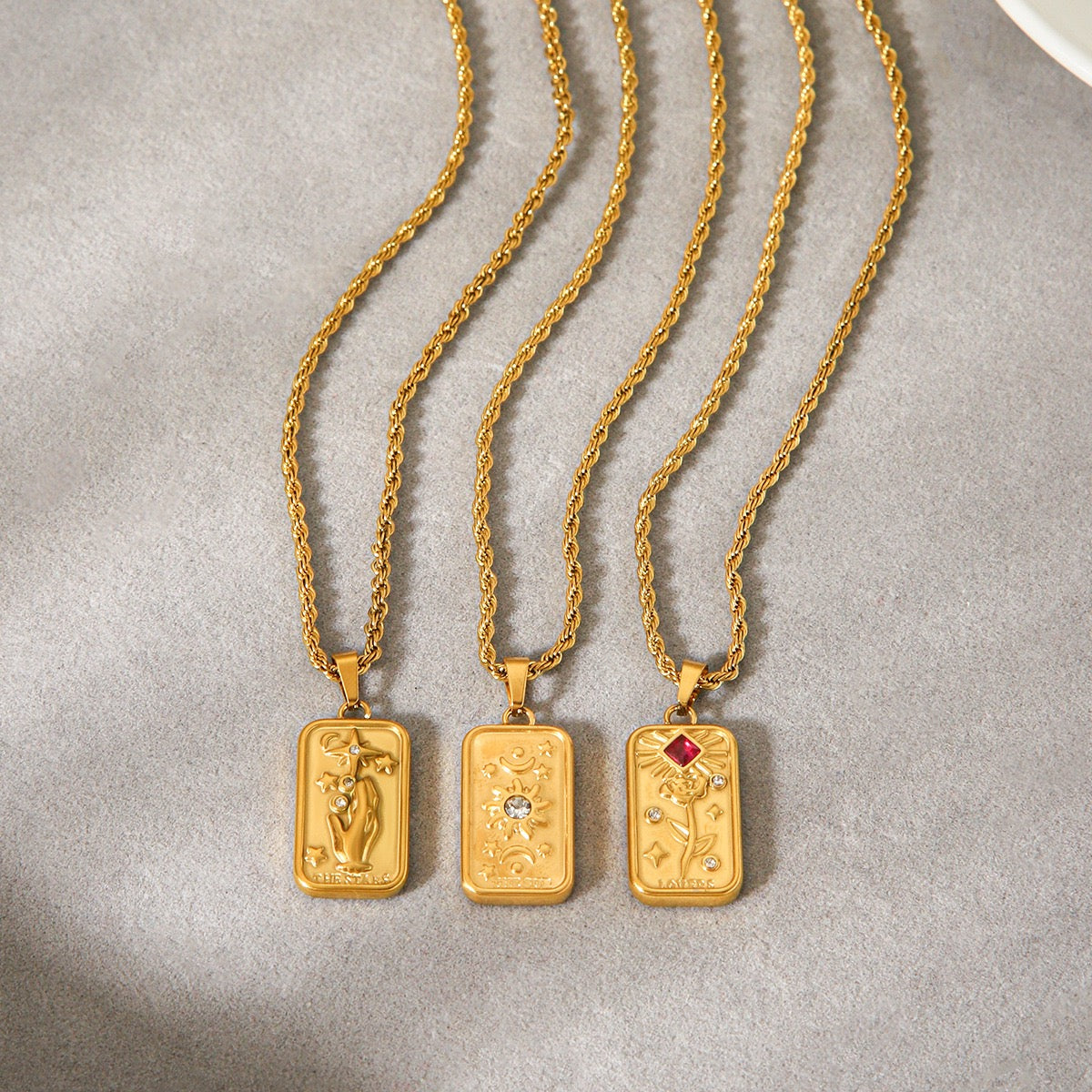 Golden Tarot Card Necklace – Celestial Mystic Pendant Collection