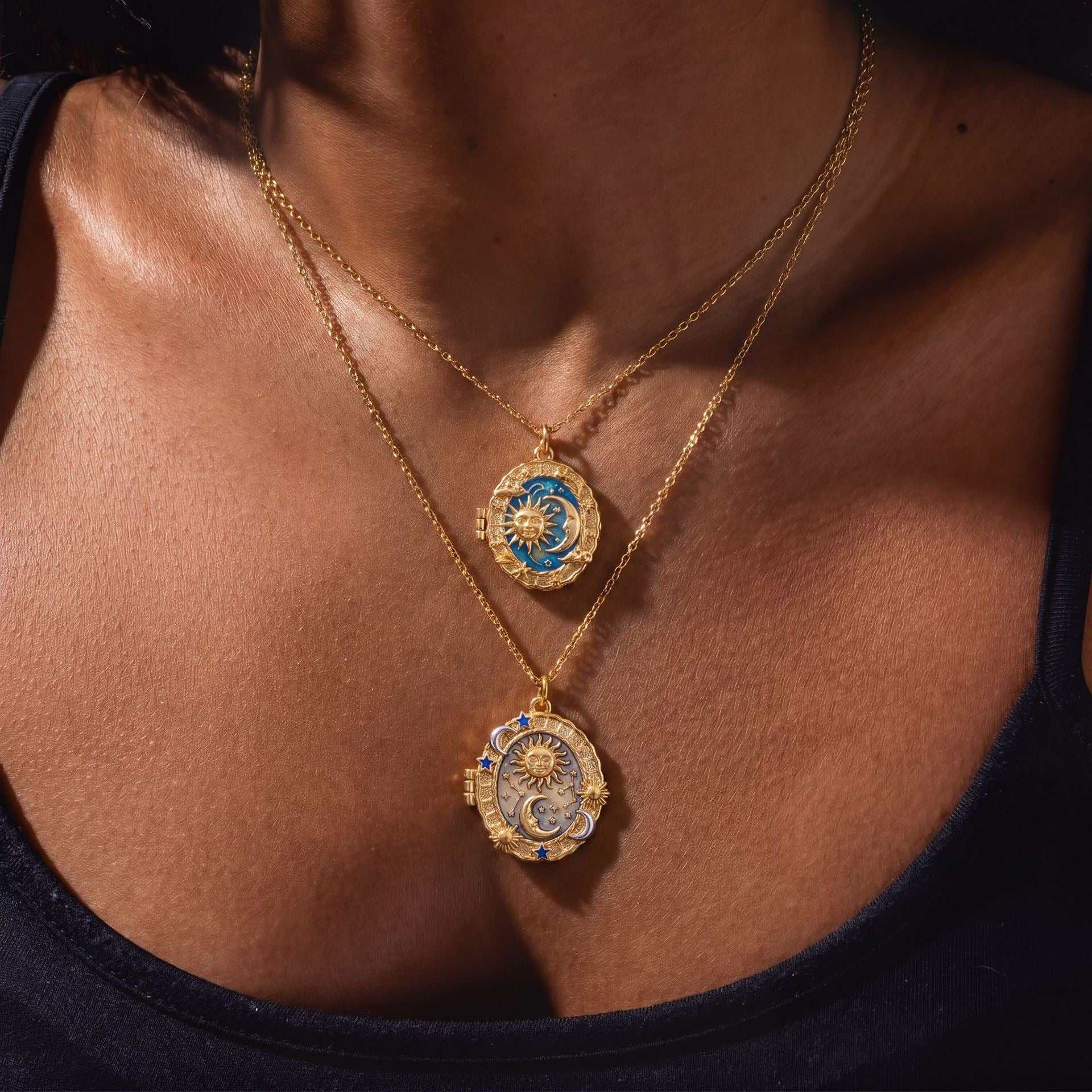 Celestial Sun & Moon Locket Necklace – Vintage Cosmic Pendant