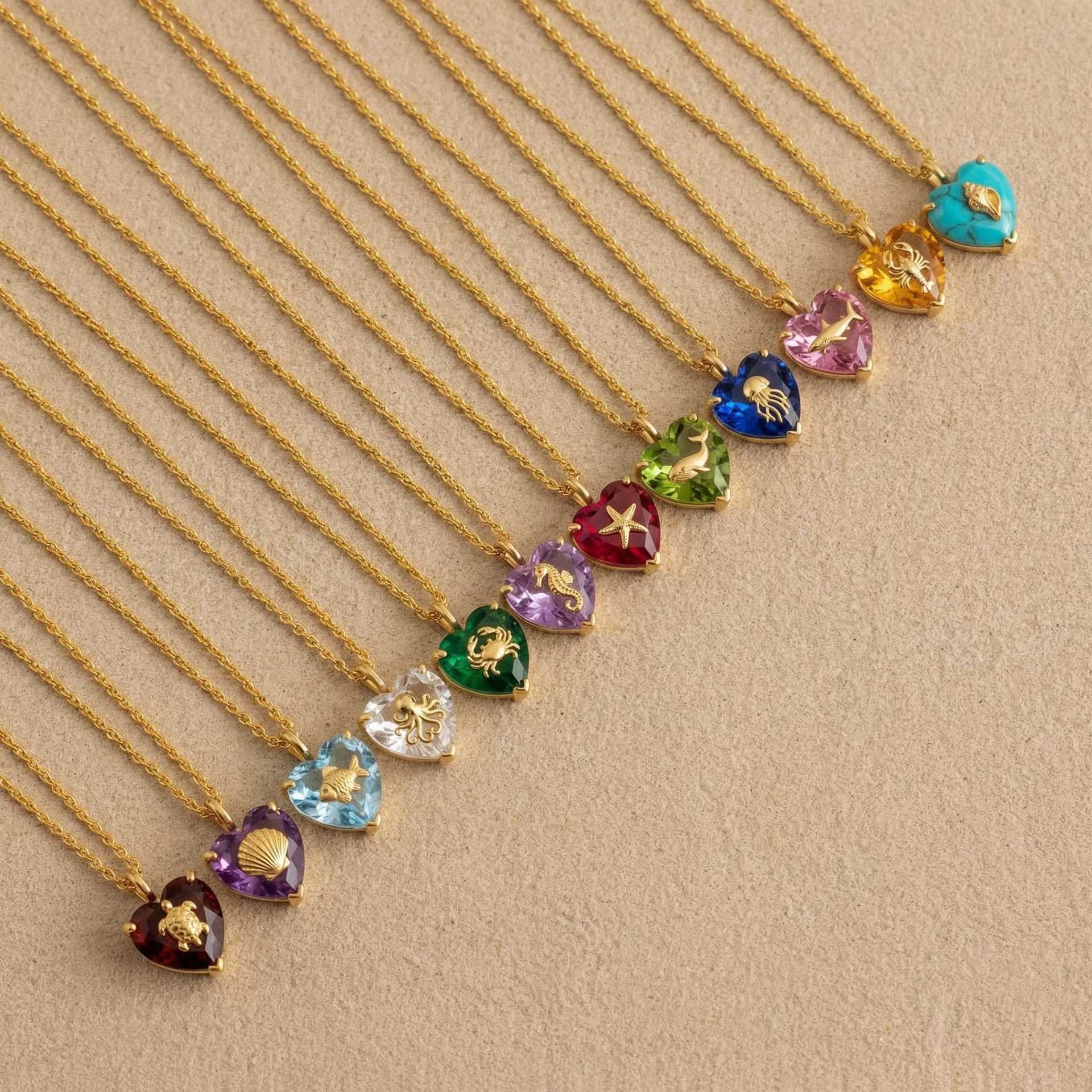 Ocean Birthstone Necklace Collection – Sea Creature Heart Crystal Pendant