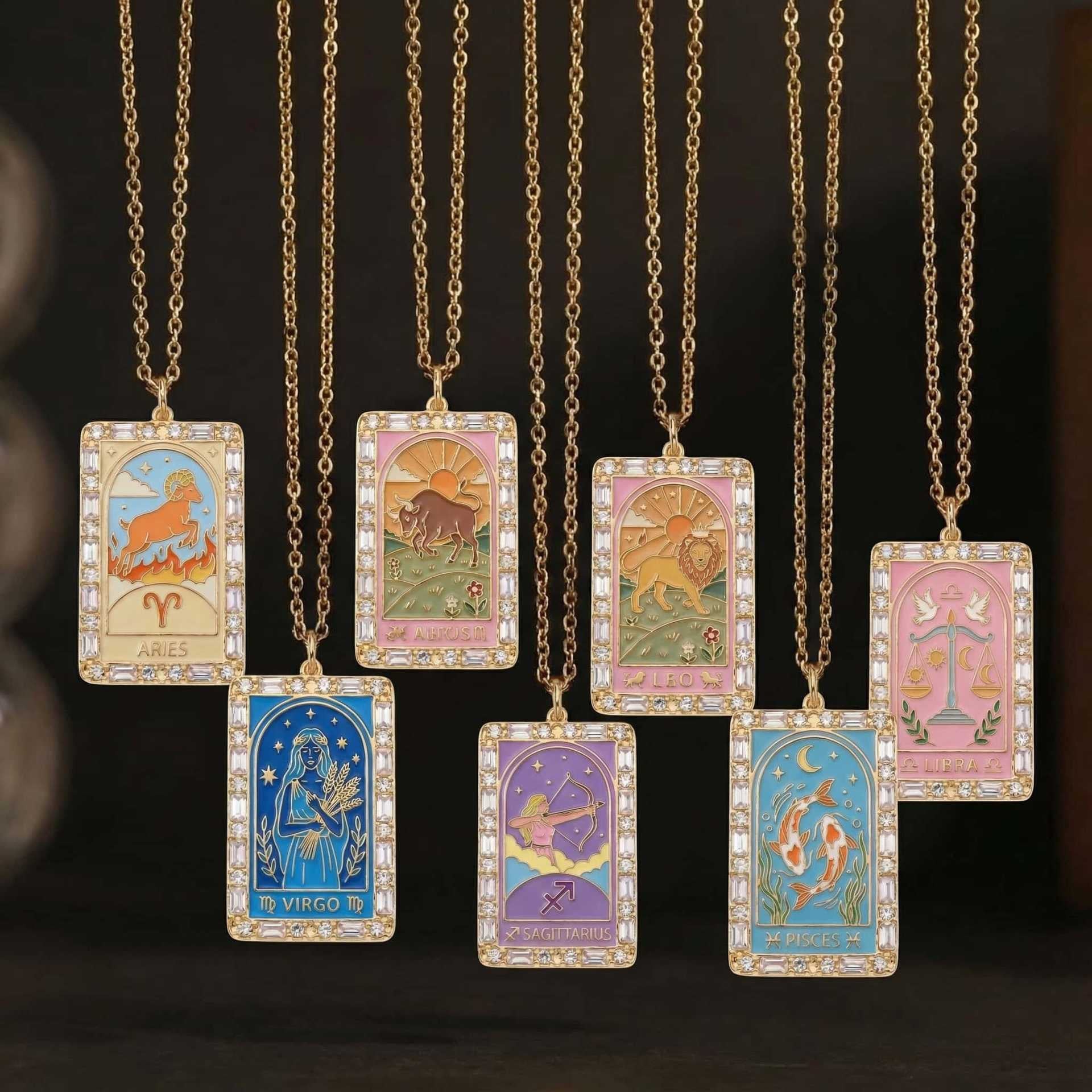 Zodiac Tarot Necklace Collection – 12 Zodiac Sign Crystal Card Pendant
