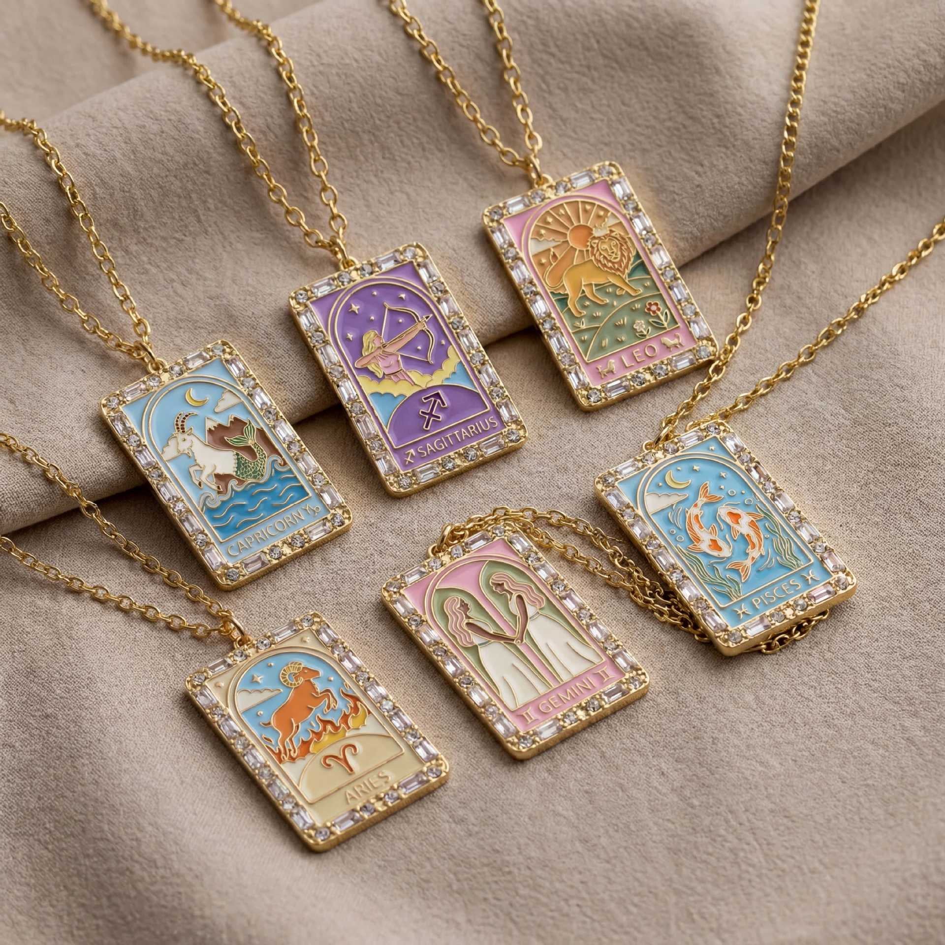 Zodiac Tarot Necklace Collection – 12 Zodiac Sign Crystal Card Pendant