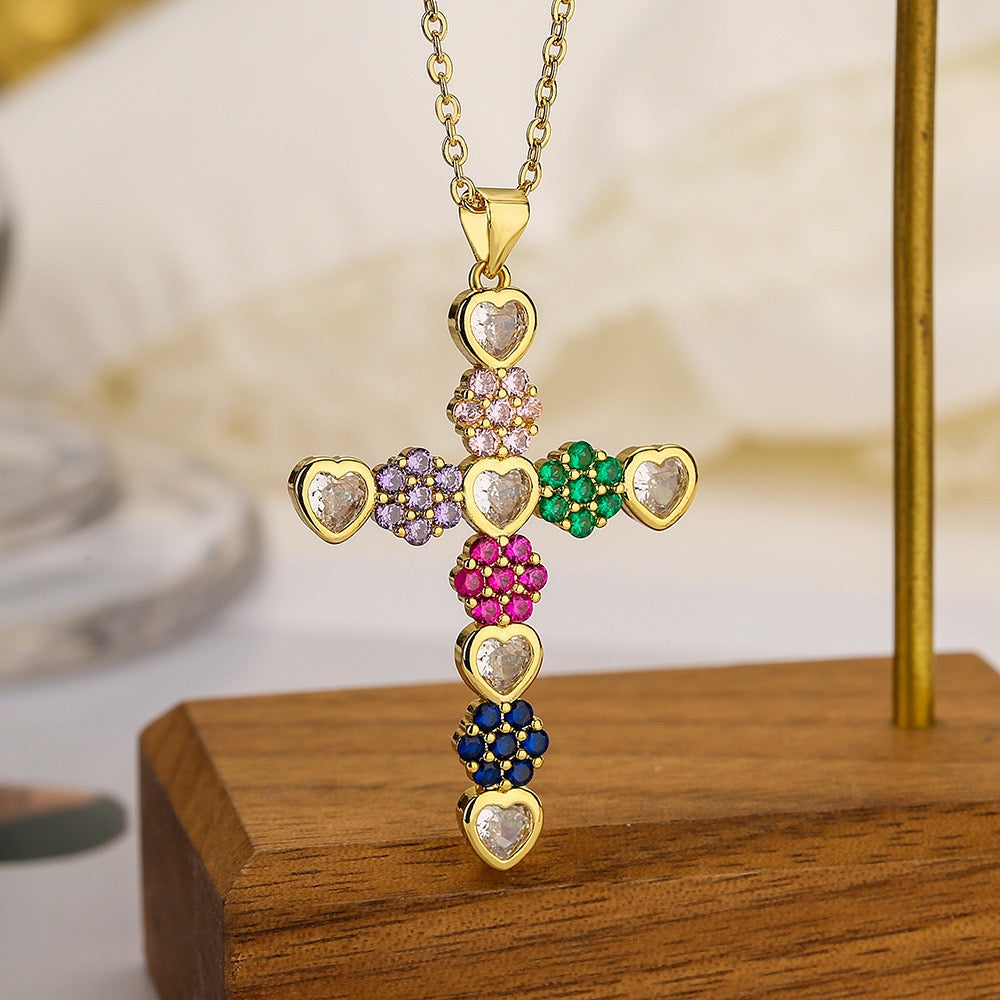 Rainbow Cross Necklace – Crystal Faith Pendant for Women