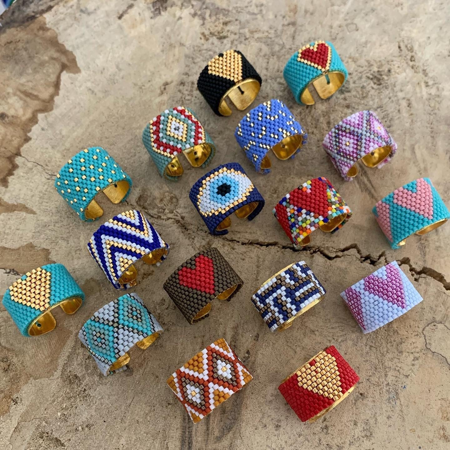 Bohemian Handwoven Beaded Ring Collection – Colorful Artisan Statement Rings
