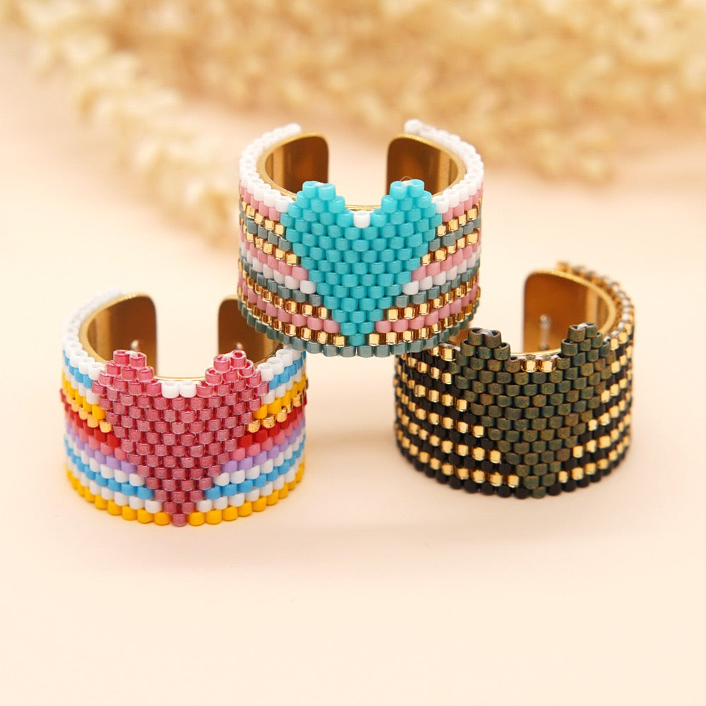 Bohemian Handwoven Beaded Ring Collection – Colorful Artisan Statement Rings