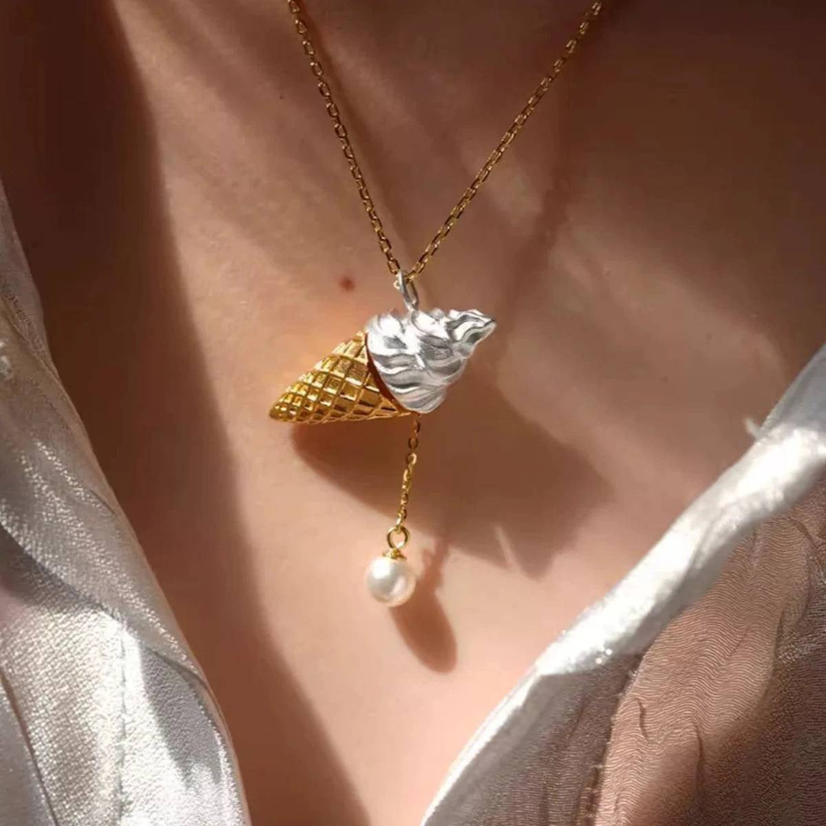 Sweet Treat Ice Cream Cone Necklace – Whimsical Dessert Charm Pendant