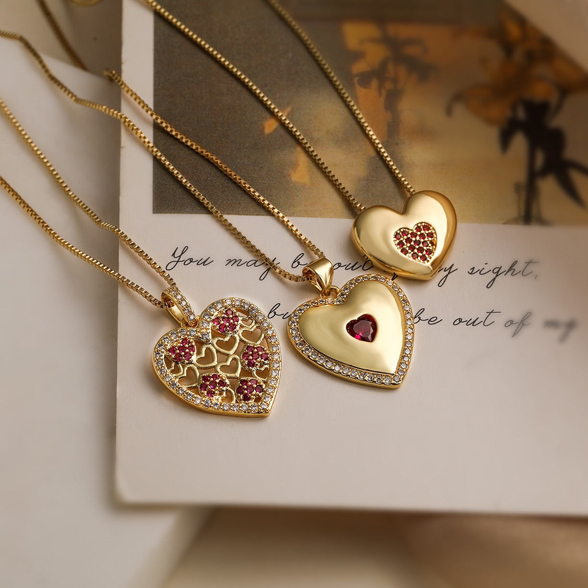 Ruby Heart Charm Necklace – Romantic Gold Statement Pendant