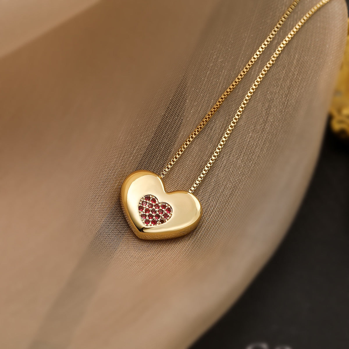 Ruby Heart Charm Necklace – Romantic Gold Statement Pendant
