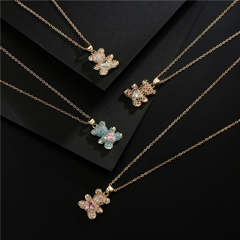 Sparkling Teddy Bear Pendant Necklace – Sweet Heart Crystal Design