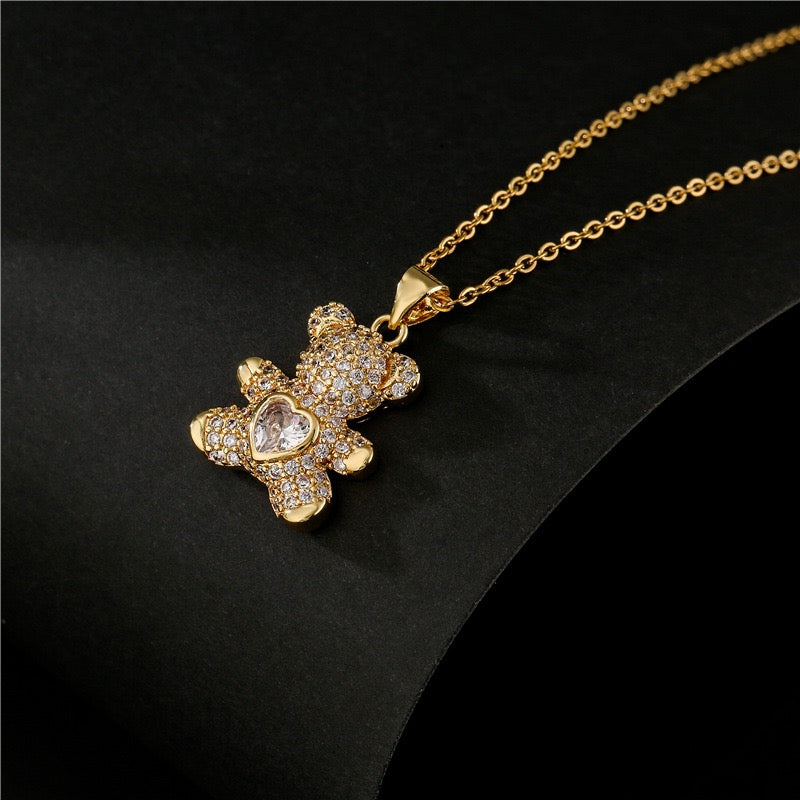 Sparkling Teddy Bear Pendant Necklace – Sweet Heart Crystal Design