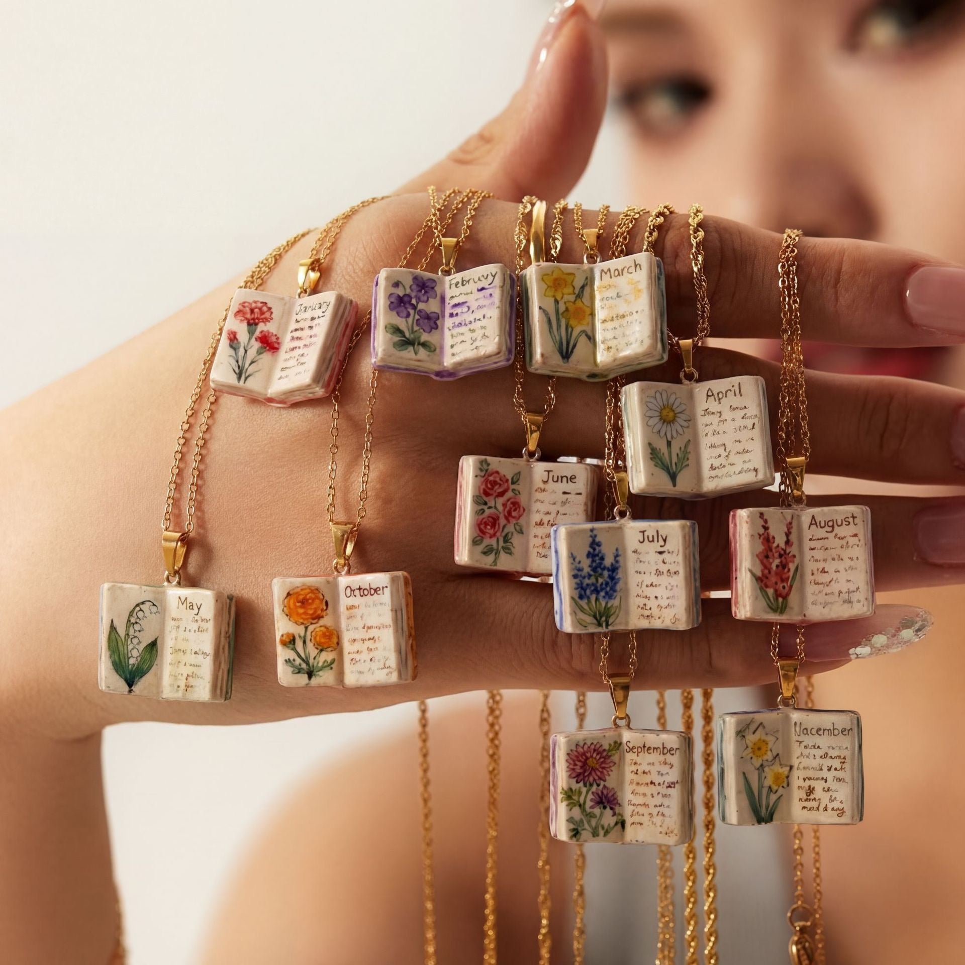 Hand-Painted Birth Flower Book Necklace – Miniature Floral Journal Pendant, Vintage Storybook Charm, Personalized Month Flower Necklace
