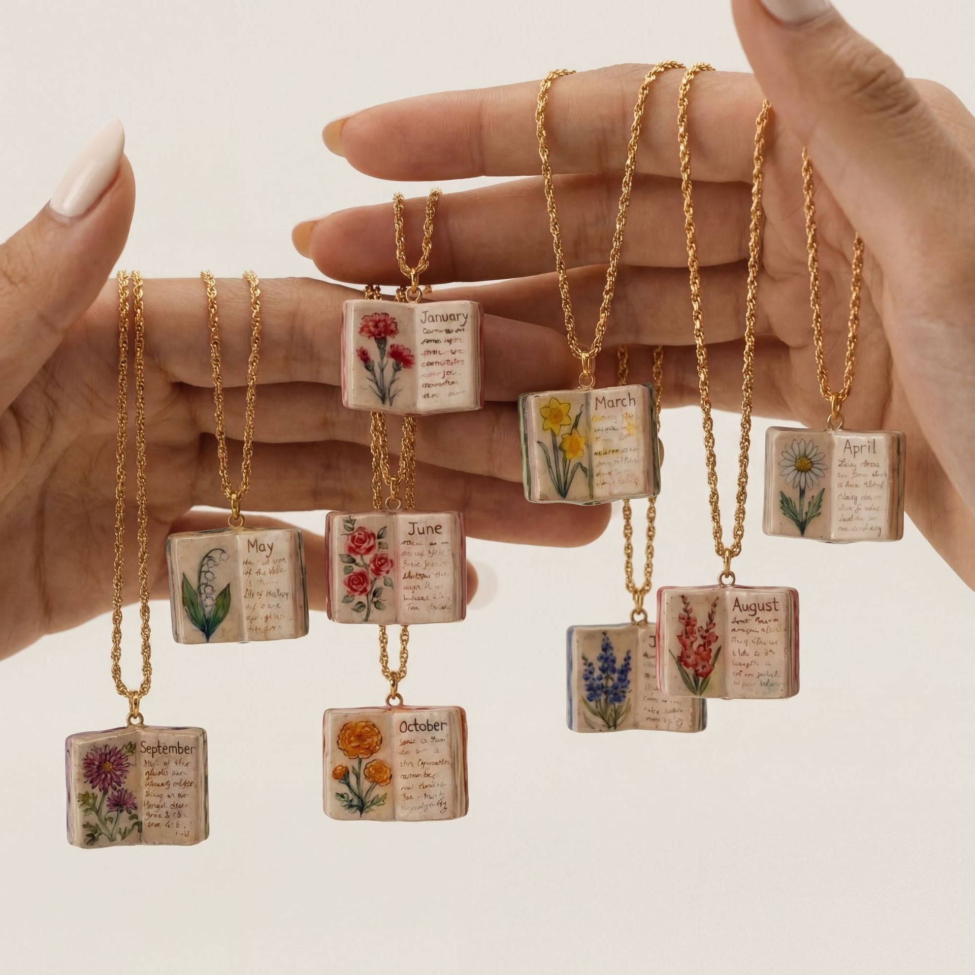 Hand-Painted Birth Flower Book Necklace – Miniature Floral Journal Pendant, Vintage Storybook Charm, Personalized Month Flower Necklace