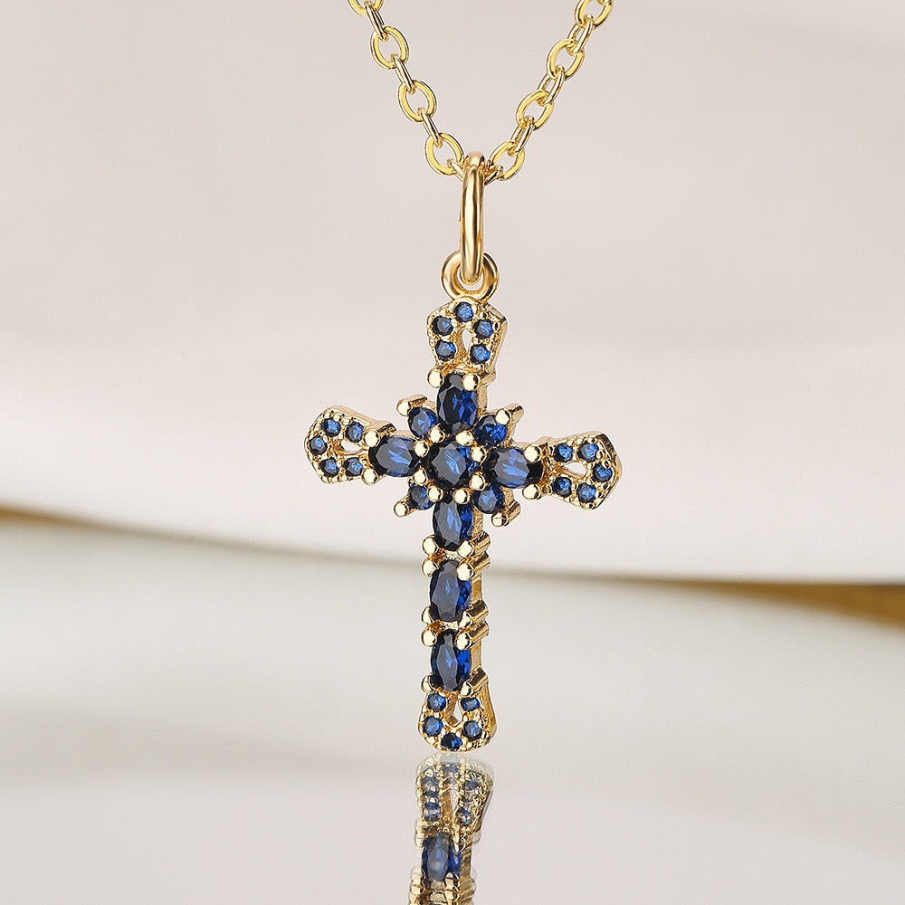 Crystal Cross Necklace Collection – Faith-Inspired Gold Cross Pendant with Colored Gemstones, Religious Jewelry Gift for Women
