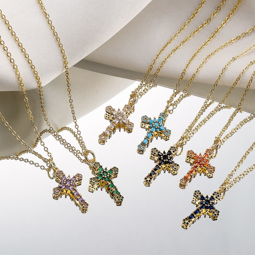 Crystal Cross Necklace Collection – Faith-Inspired Gold Cross Pendant with Colored Gemstones, Religious Jewelry Gift for Women