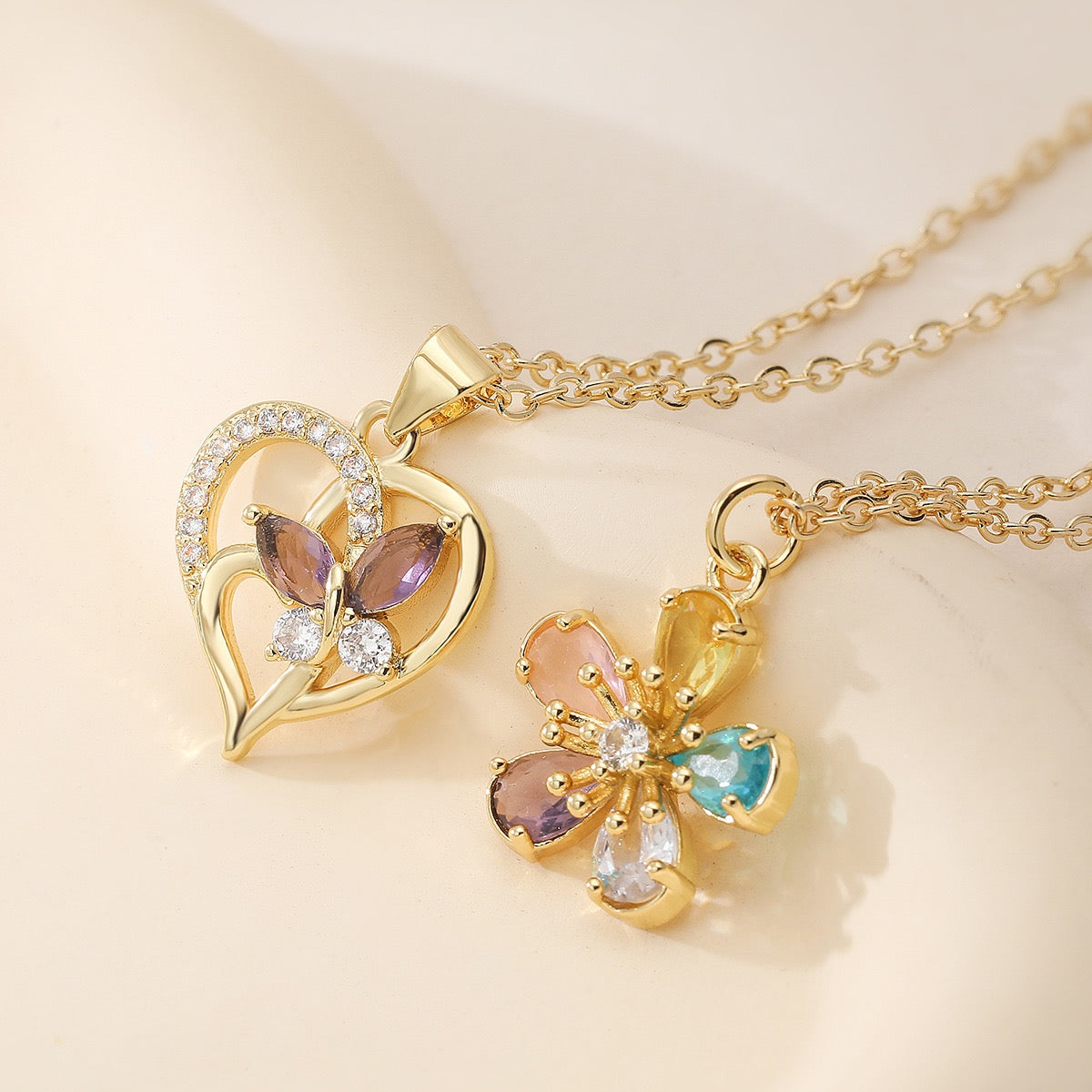 Gold Heart & Flower Crystal Necklace Collection – Romantic Floral Pendant Necklace, Sparkling Cubic Zirconia Jewelry Gift for Women