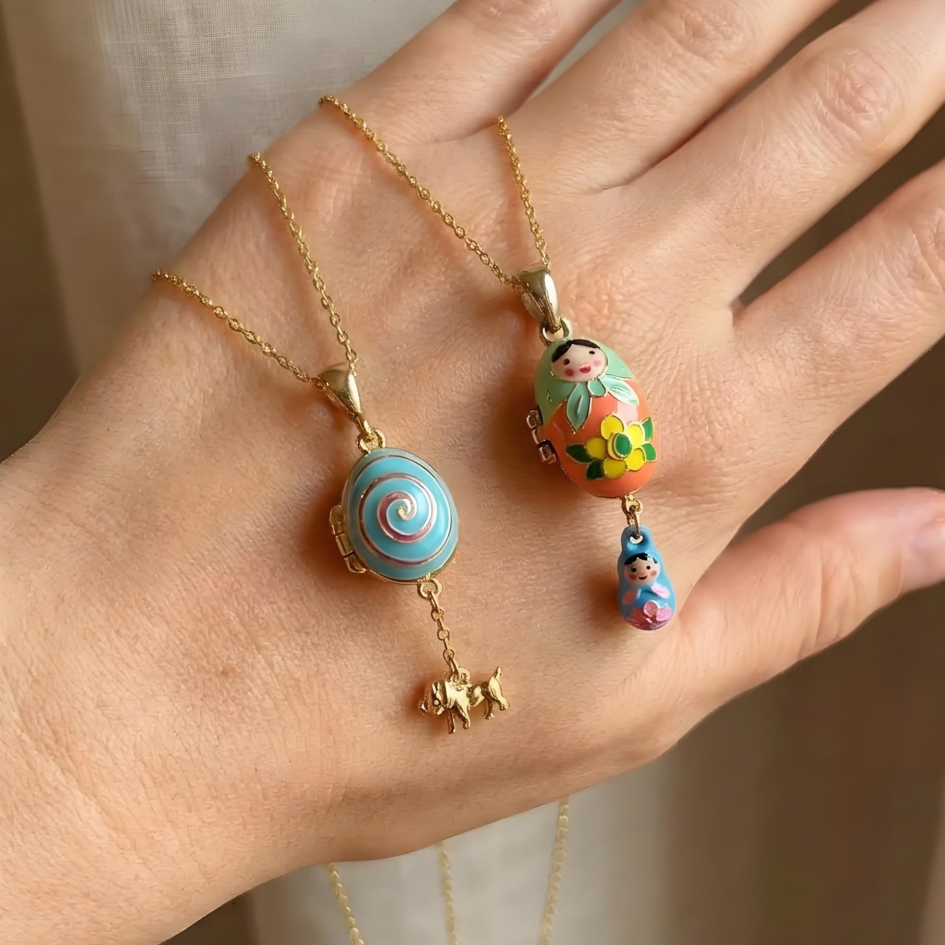 Matryoshka Doll & Carousel Locket Necklace Collection – Whimsical Vintage Charm Pendant, Fairy Tale Keepsake Jewelry for Women