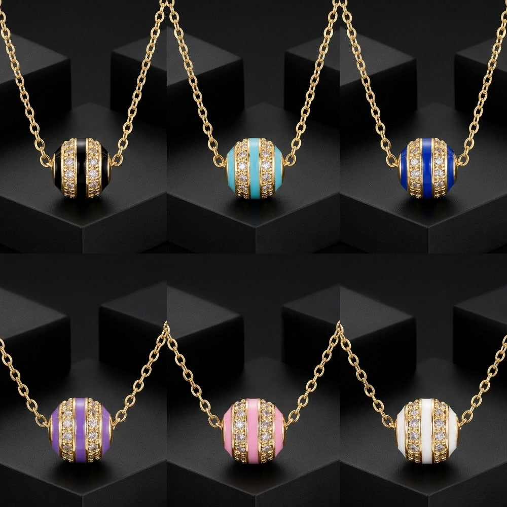 Luxury Enamel Bead Necklace Collection – Gold Crystal Sphere Pendant Necklace, Minimalist Colorful Charm Jewelry for Women