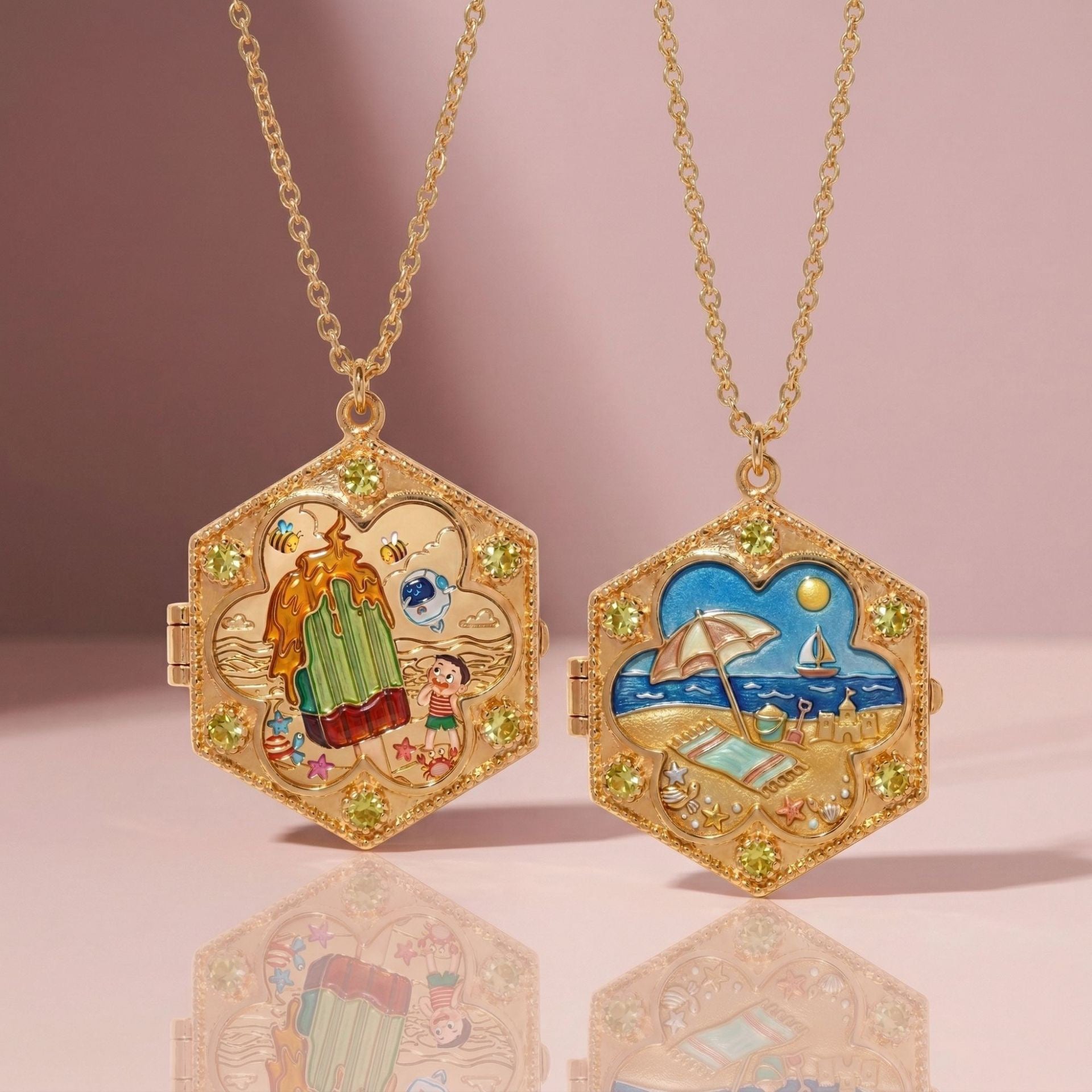 Summer Memories Locket Necklace Collection – Beach Day & Popsicle Enamel Pendant, Gold Keepsake Charm Necklace for Women
