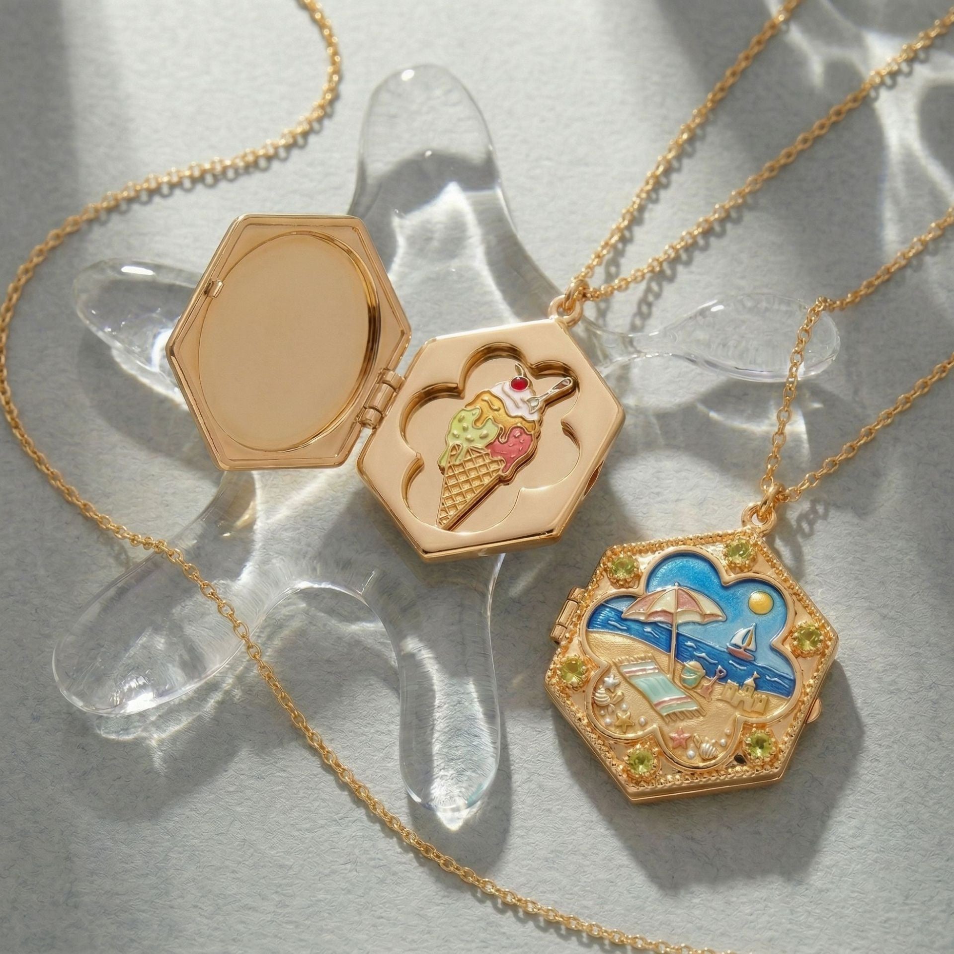 Summer Memories Locket Necklace Collection – Beach Day & Popsicle Enamel Pendant, Gold Keepsake Charm Necklace for Women